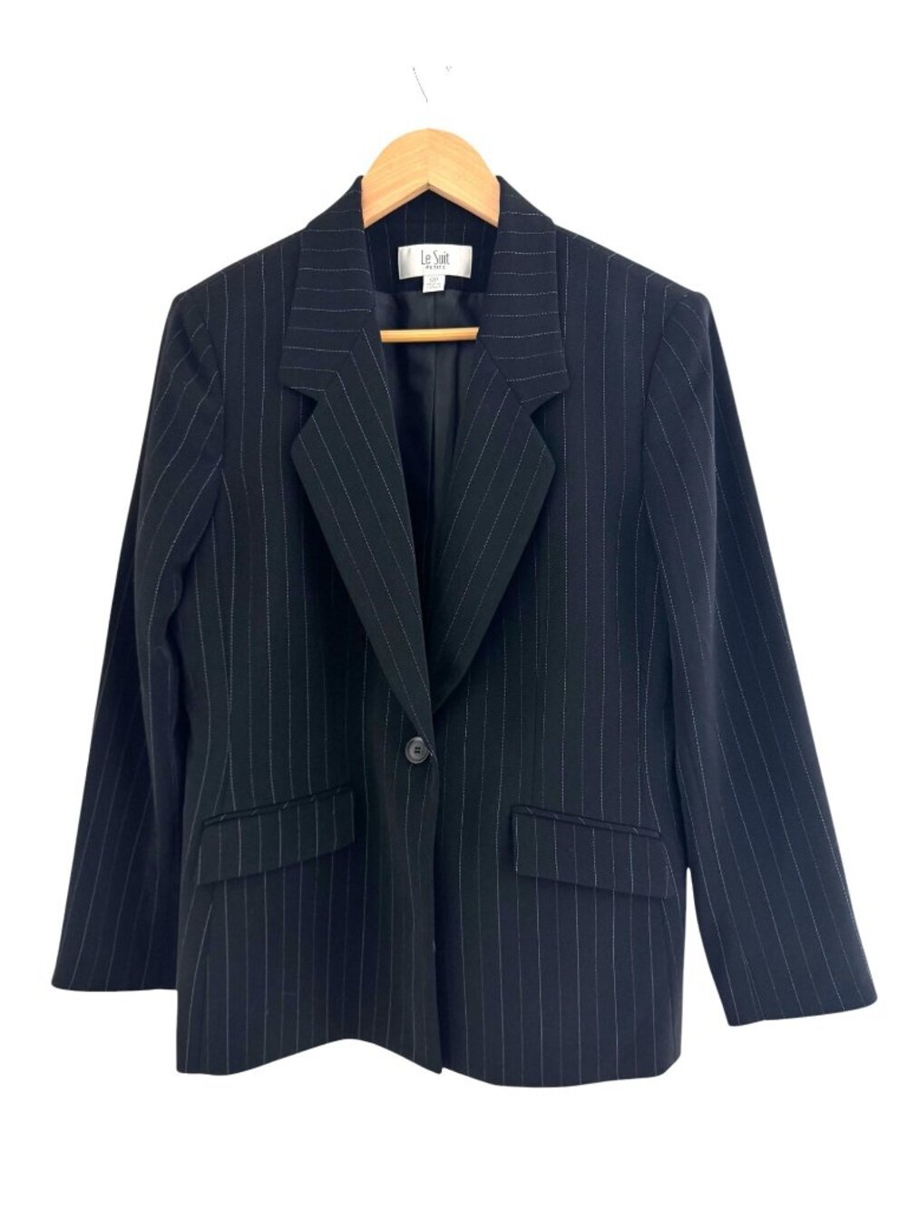 Le Suit Petite Black Pinstriped Blazer Lined Pockets Size 12P Jacket Business